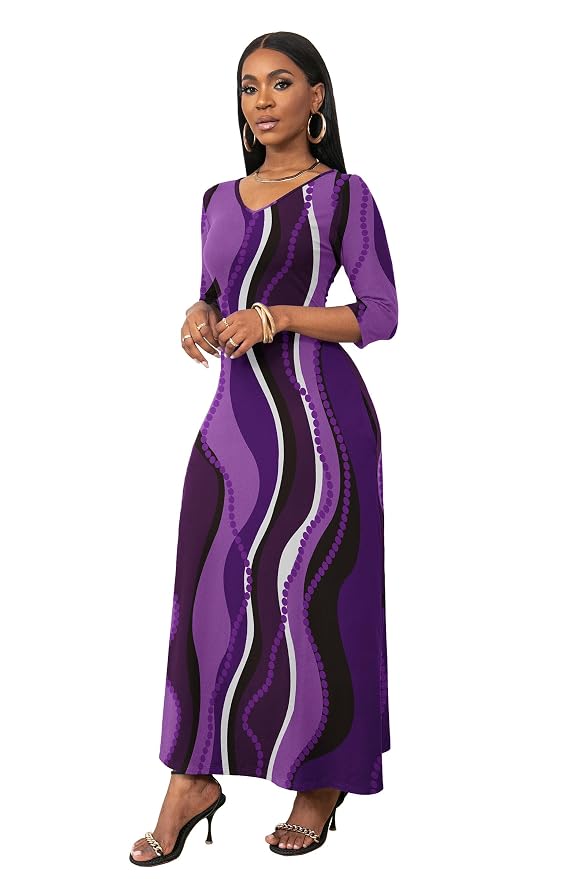 FANDEE Women 3/4 Sleeve V Neck Casual Loose Long Basic Maxi Dress (M-3XL) - Image 4