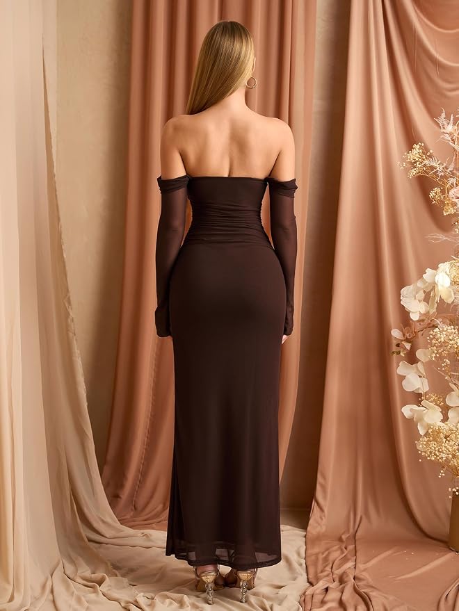 KUTUMAI Off Shoulder Long Sleeve Elegant Bodycon Ruched Cocktail Dress Wedding Guest Dresses for Women Autumn 2025 - Image 2