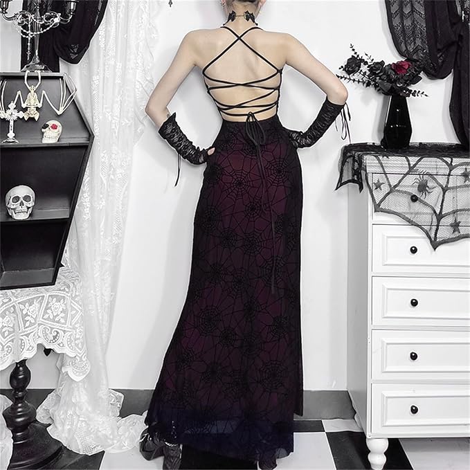 Womens Gothic Bodycon Maxi Dress Casual Floral Print Spaghetti Strap Dresses - Image 4