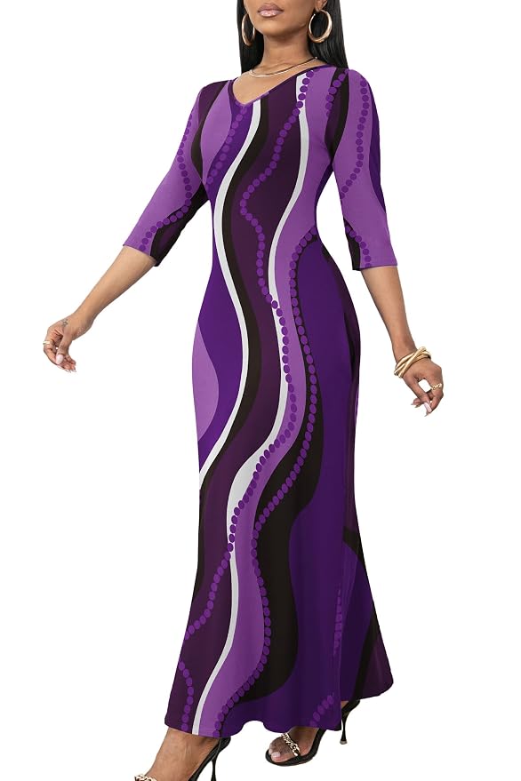 FANDEE Women 3/4 Sleeve V Neck Casual Loose Long Basic Maxi Dress (M-3XL)