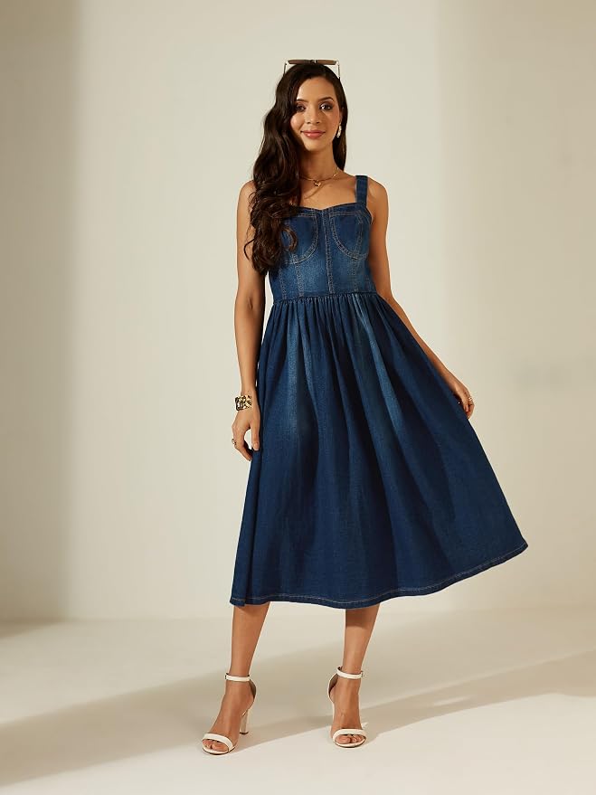 Miss Chase Women’s Sweetheart Bustier Gathered Midi Denim Dress - Image 2
