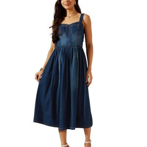 Miss Chase Women’s Sweetheart Bustier Gathered Midi Denim Dress