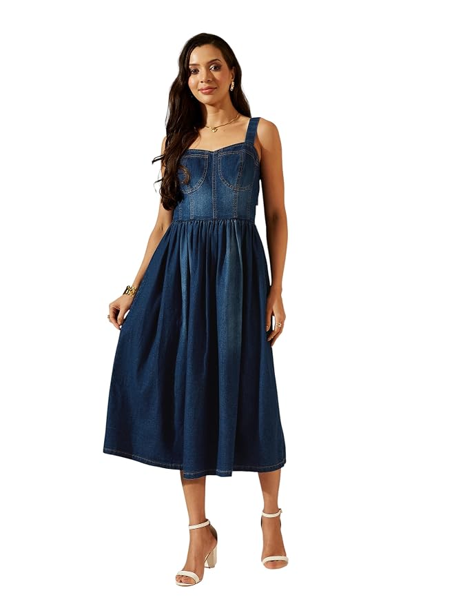 Miss Chase Women’s Sweetheart Bustier Gathered Midi Denim Dress