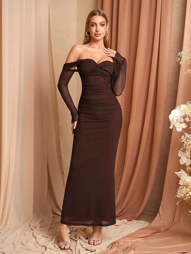 KUTUMAI Off Shoulder Long Sleeve Elegant Bodycon Ruched Cocktail Dress Wedding Guest Dresses for Women Autumn 2025 - Image 5