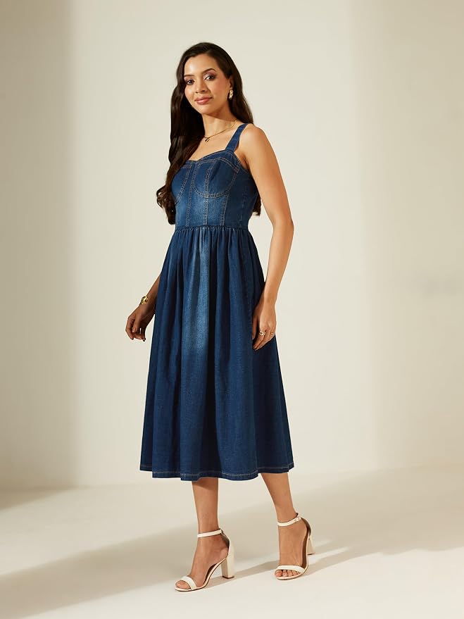 Miss Chase Women’s Sweetheart Bustier Gathered Midi Denim Dress - Image 3