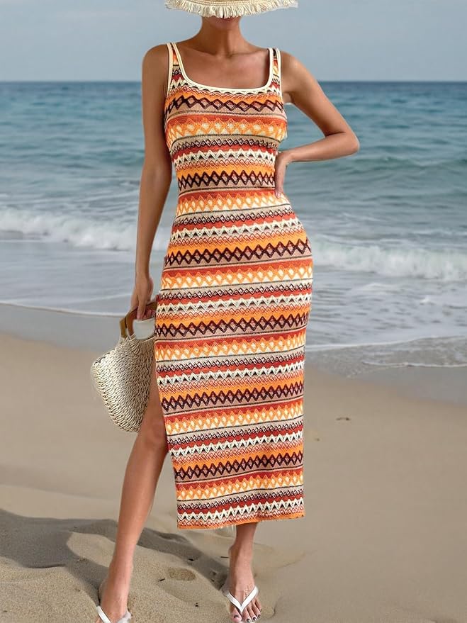 PRETTYGARDEN Tank Dress for Women 2025 Summer Casual Striped Maxi Dress Fitted Square Neck Beach Holiday Bohemian Summer Dress - Image 4