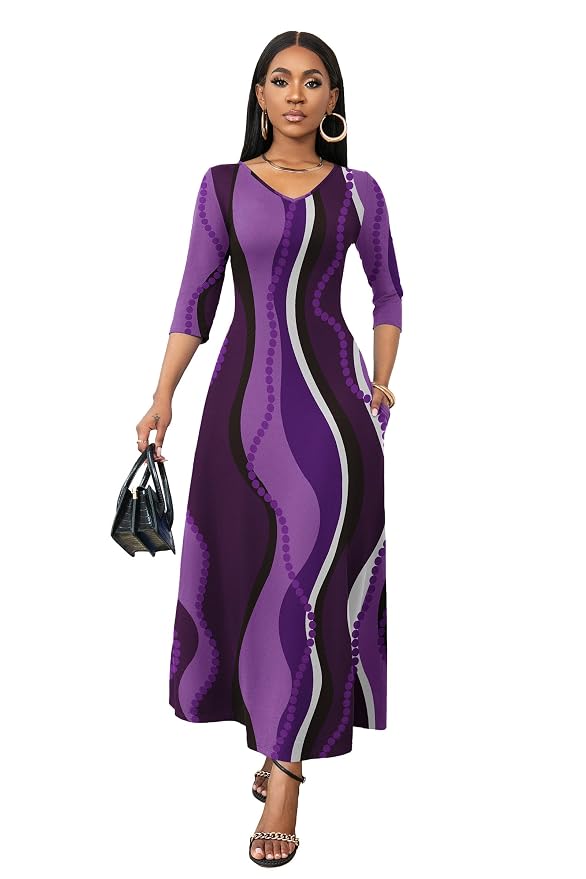 FANDEE Women 3/4 Sleeve V Neck Casual Loose Long Basic Maxi Dress (M-3XL) - Image 3