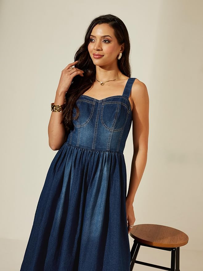 Miss Chase Women’s Sweetheart Bustier Gathered Midi Denim Dress - Image 5