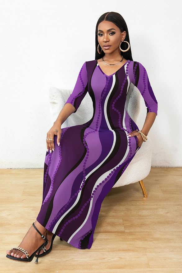 FANDEE Women 3/4 Sleeve V Neck Casual Loose Long Basic Maxi Dress (M-3XL) - Image 5