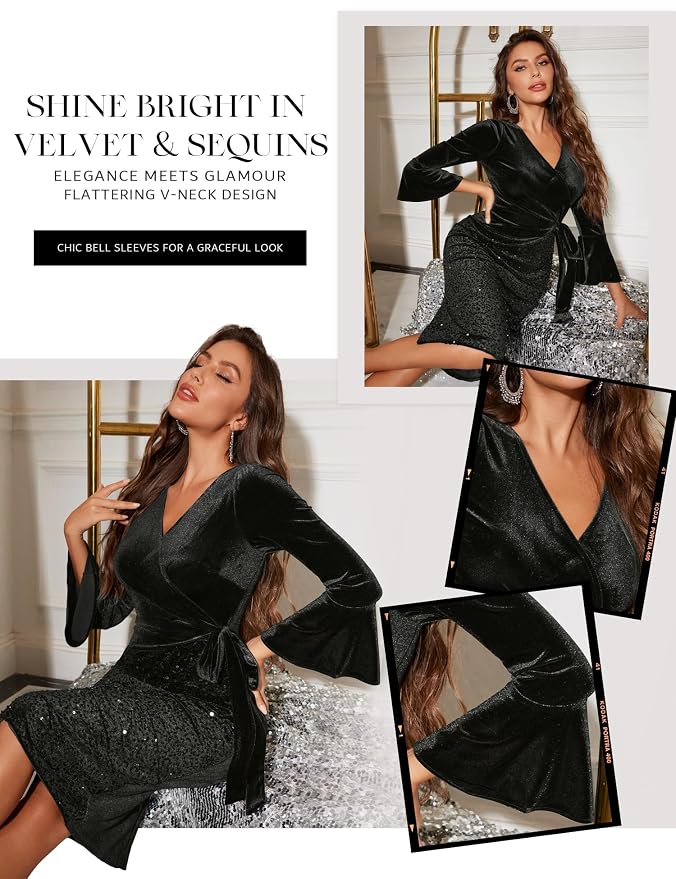 Dressystar Womens Velvet Sequin Dresses Wrap Bell Long Sleeve V Neck Slit Bodycon Formal Cocktail Prom Party Evening Dress - Image 3