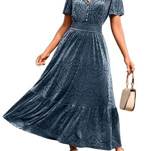 Simplee Womens Fall Velvet Dress Short Sleeve V Neck Floral Maxi Dress Long Formal Winter Wedding Guest Dresses