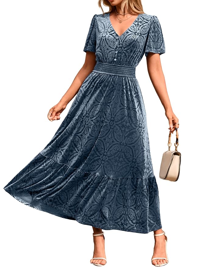 Simplee Womens Fall Velvet Dress Short Sleeve V Neck Floral Maxi Dress Long Formal Winter Wedding Guest Dresses