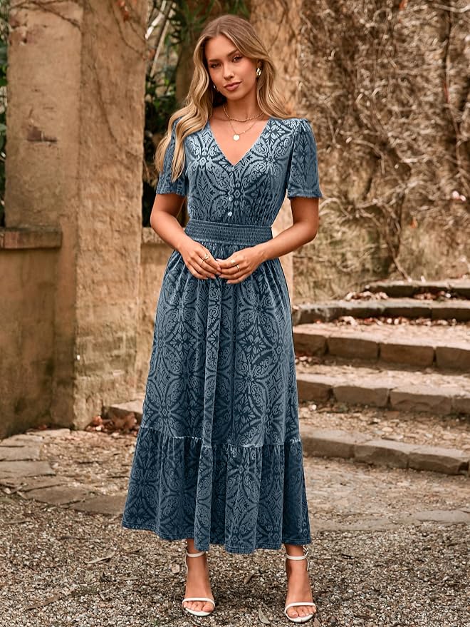 Simplee Womens Fall Velvet Dress Short Sleeve V Neck Floral Maxi Dress Long Formal Winter Wedding Guest Dresses - Image 6