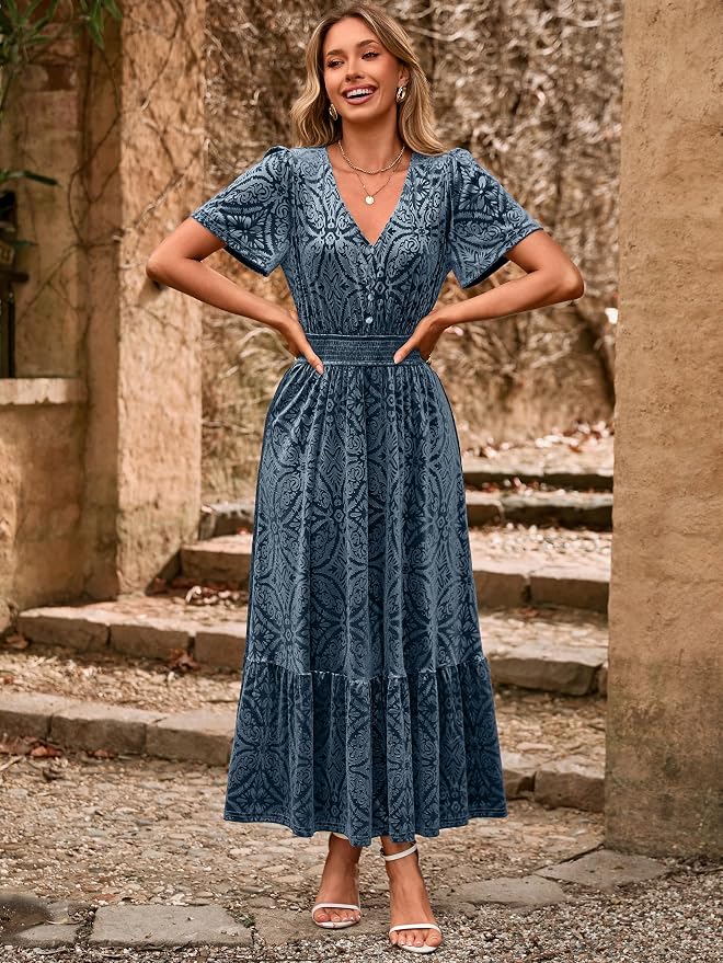 Simplee Womens Fall Velvet Dress Short Sleeve V Neck Floral Maxi Dress Long Formal Winter Wedding Guest Dresses - Image 7