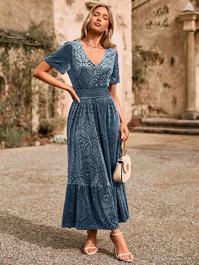 Simplee Womens Fall Velvet Dress Short Sleeve V Neck Floral Maxi Dress Long Formal Winter Wedding Guest Dresses - Image 2