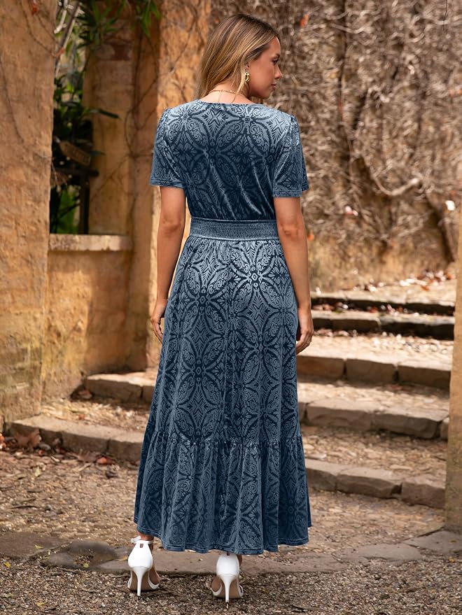 Simplee Womens Fall Velvet Dress Short Sleeve V Neck Floral Maxi Dress Long Formal Winter Wedding Guest Dresses - Image 5