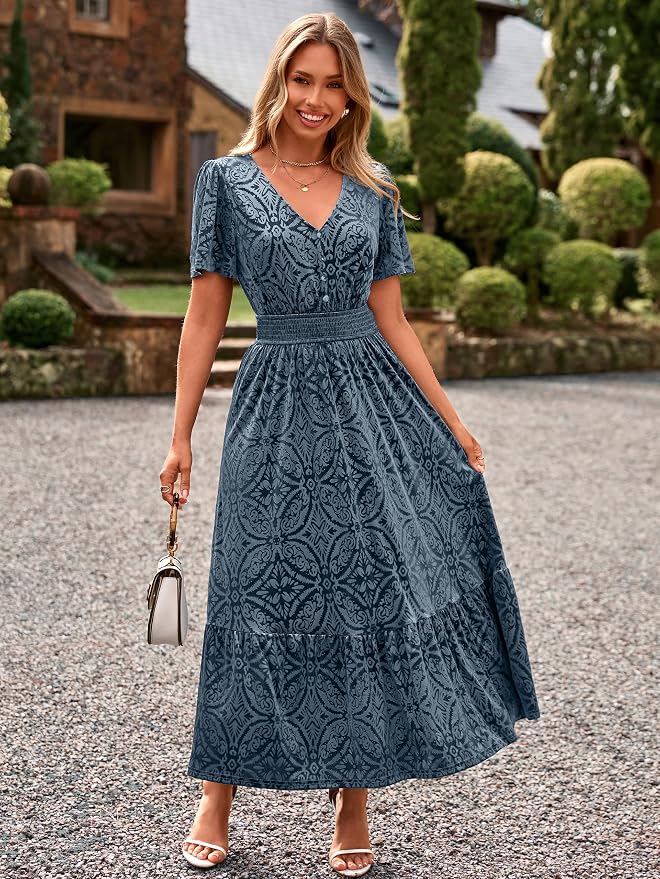Simplee Womens Fall Velvet Dress Short Sleeve V Neck Floral Maxi Dress Long Formal Winter Wedding Guest Dresses - Image 3