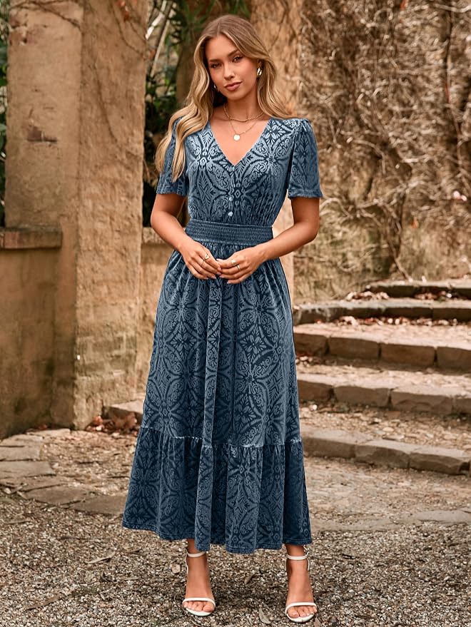 Simplee Womens Fall Velvet Dress Short Sleeve V Neck Floral Maxi Dress Long Formal Winter Wedding Guest Dresses - Image 4