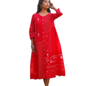Jaypore Women Red Cotton Self Design | Round Neck Jamdani Dresses Maxi Dress | 3/4th Sleeves Comfortable Outfit for Everyday Wear