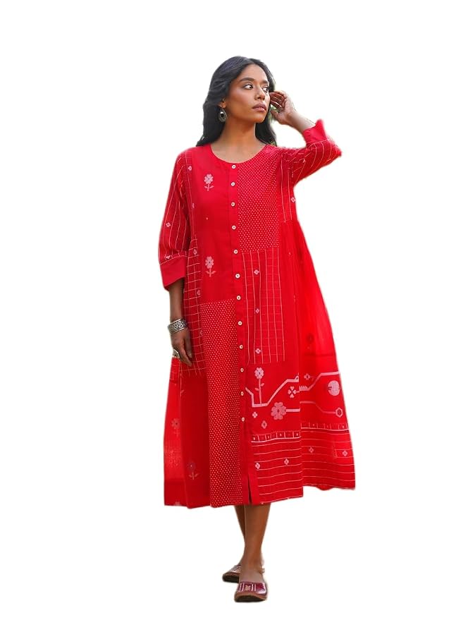 Jaypore Women Red Cotton Self Design | Round Neck Jamdani Dresses Maxi Dress | 3/4th Sleeves Comfortable Outfit for Everyday Wear