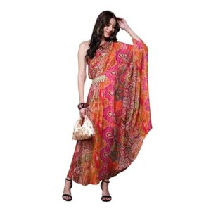 Boho Girl Rajsi Rang Indo Western One Shoulder Dress for Women Festive Multi Hued Dress with Draped Silhouette Lace Waist Detail Viscose Ethnic