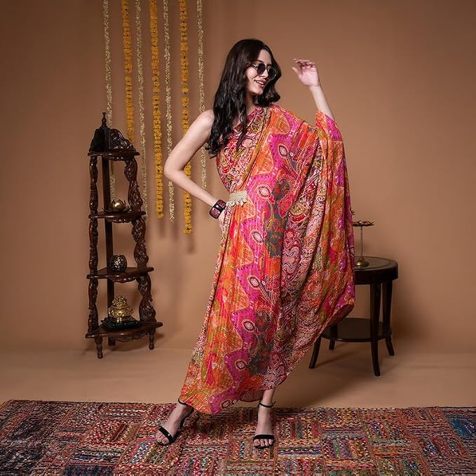Boho Girl Rajsi Rang Indo Western One Shoulder Dress for Women Festive Multi Hued Dress with Draped Silhouette Lace Waist Detail Viscose Ethnic - Image 2