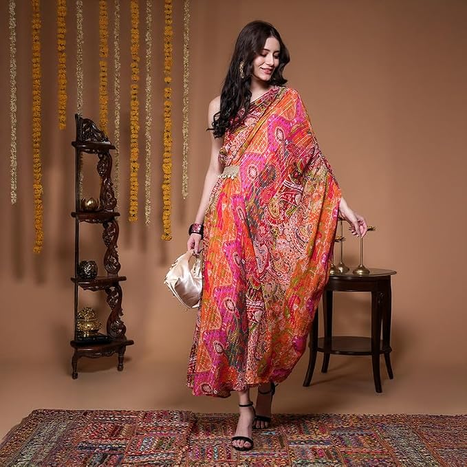 Boho Girl Rajsi Rang Indo Western One Shoulder Dress for Women Festive Multi Hued Dress with Draped Silhouette Lace Waist Detail Viscose Ethnic - Image 3