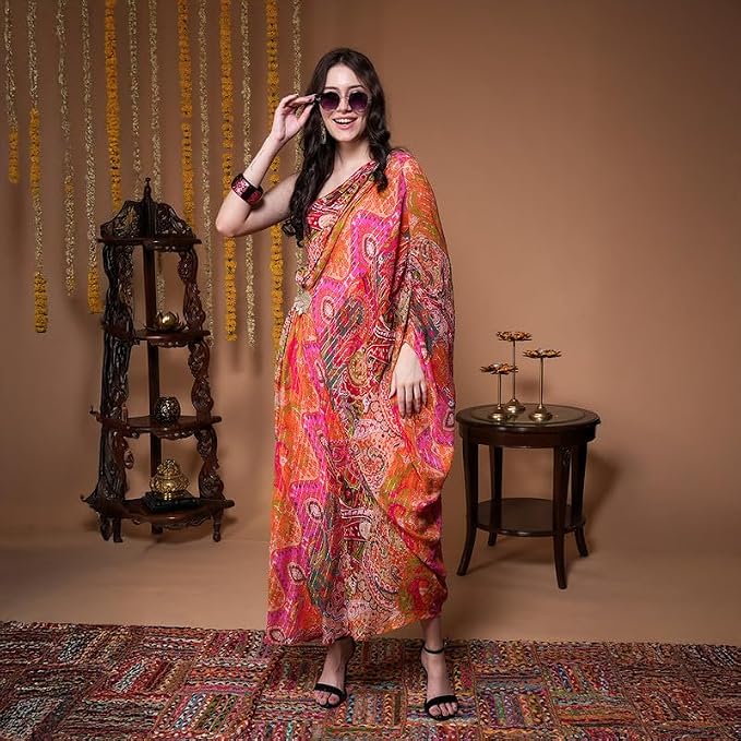 Boho Girl Rajsi Rang Indo Western One Shoulder Dress for Women Festive Multi Hued Dress with Draped Silhouette Lace Waist Detail Viscose Ethnic - Image 4
