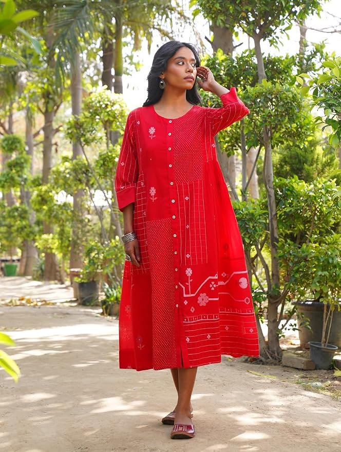 Jaypore Women Red Cotton Self Design | Round Neck Jamdani Dresses Maxi Dress | 3/4th Sleeves Comfortable Outfit for Everyday Wear - Image 3