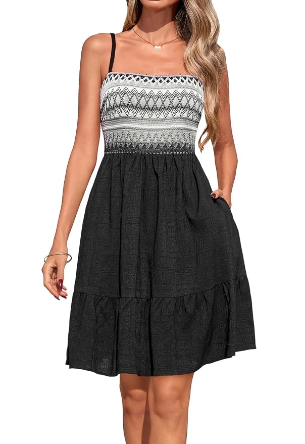 PRETTYGARDEN Womens Summer Dresses 2026 Paisley Spaghetti Strap Sleeveless Smocked A Line Boho Mini Dress with Pockets