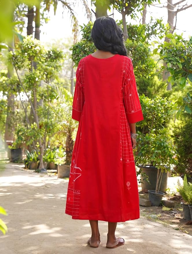 Jaypore Women Red Cotton Self Design | Round Neck Jamdani Dresses Maxi Dress | 3/4th Sleeves Comfortable Outfit for Everyday Wear - Image 4