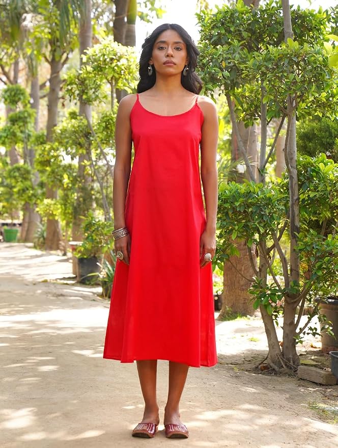 Jaypore Women Red Cotton Self Design | Round Neck Jamdani Dresses Maxi Dress | 3/4th Sleeves Comfortable Outfit for Everyday Wear - Image 5