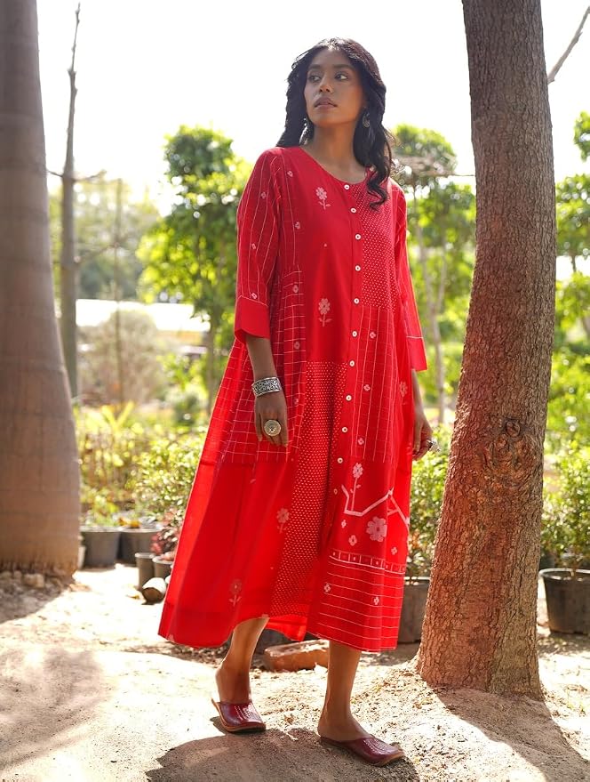 Jaypore Women Red Cotton Self Design | Round Neck Jamdani Dresses Maxi Dress | 3/4th Sleeves Comfortable Outfit for Everyday Wear - Image 7