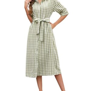 Women's 2026 Summer Gingham Maxi Dress Half Sleeve Casual Plaid Button Down Long Belted Shirt Dress