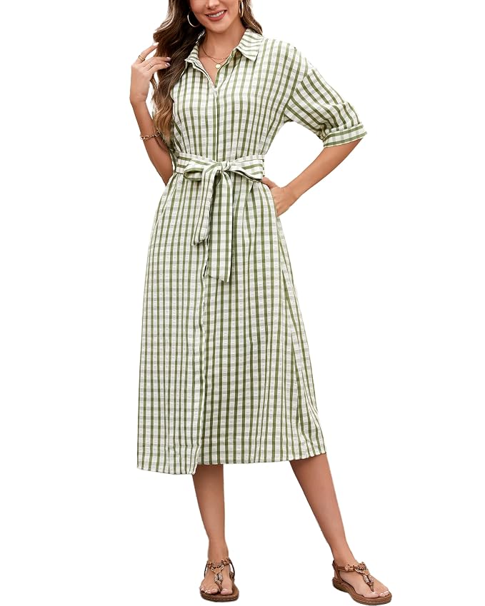 Women's 2026 Summer Gingham Maxi Dress Half Sleeve Casual Plaid Button Down Long Belted Shirt Dress