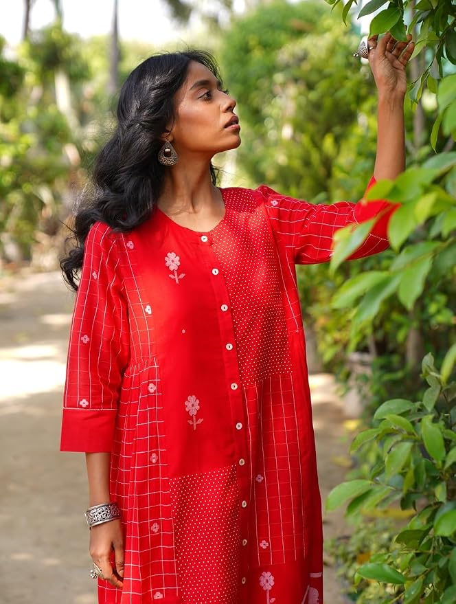 Jaypore Women Red Cotton Self Design | Round Neck Jamdani Dresses Maxi Dress | 3/4th Sleeves Comfortable Outfit for Everyday Wear - Image 6