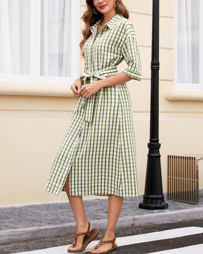 Women's 2026 Summer Gingham Maxi Dress Half Sleeve Casual Plaid Button Down Long Belted Shirt Dress - Image 2