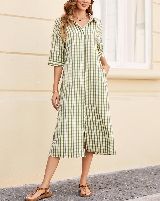 Women's 2026 Summer Gingham Maxi Dress Half Sleeve Casual Plaid Button Down Long Belted Shirt Dress - Image 4