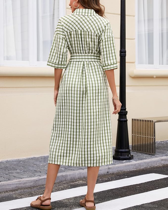 Women's 2026 Summer Gingham Maxi Dress Half Sleeve Casual Plaid Button Down Long Belted Shirt Dress - Image 5